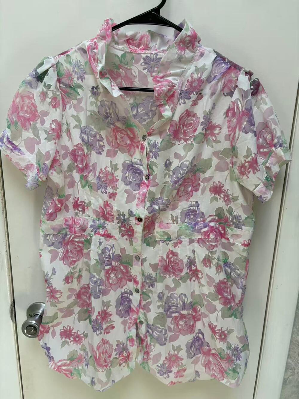 Women Floral Sheer Chiffon Blouse Top Ruffle Neck Short Puff Sleeve Size Medium